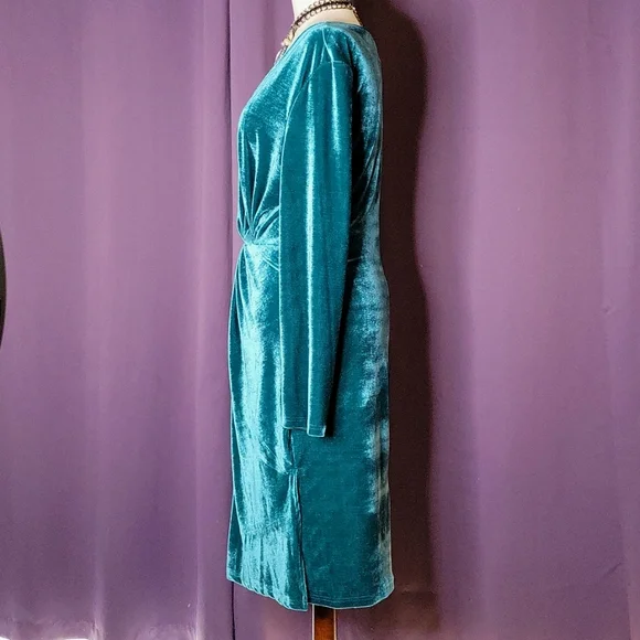 Long Sleeve Velvet Feeling V-neck Midi Dress - Picture 3 of 8